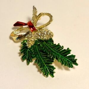 Signed GERRYS Vintage Gold Brooch Christmas Evergreen Branch Bow Pine Cone Pin